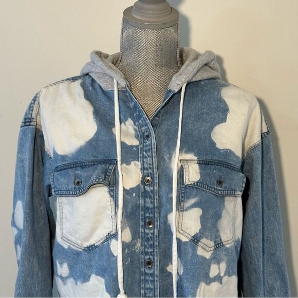 American Eagle Women’s SZ S Casual Denim Bleached Hooded Jacket Coat 90s Shacket - Picture 3 of 15